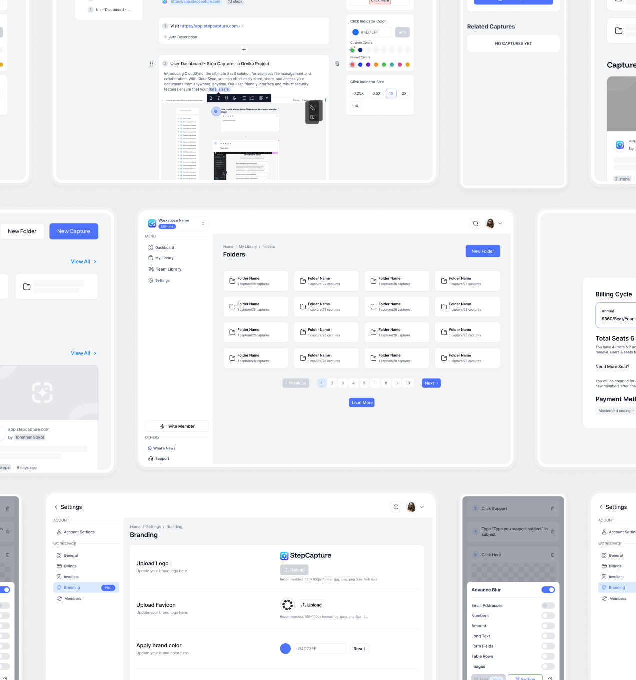 SaaS platform interface showing dashboard, settings, and file management features. Branding options and folder lists are displayed.