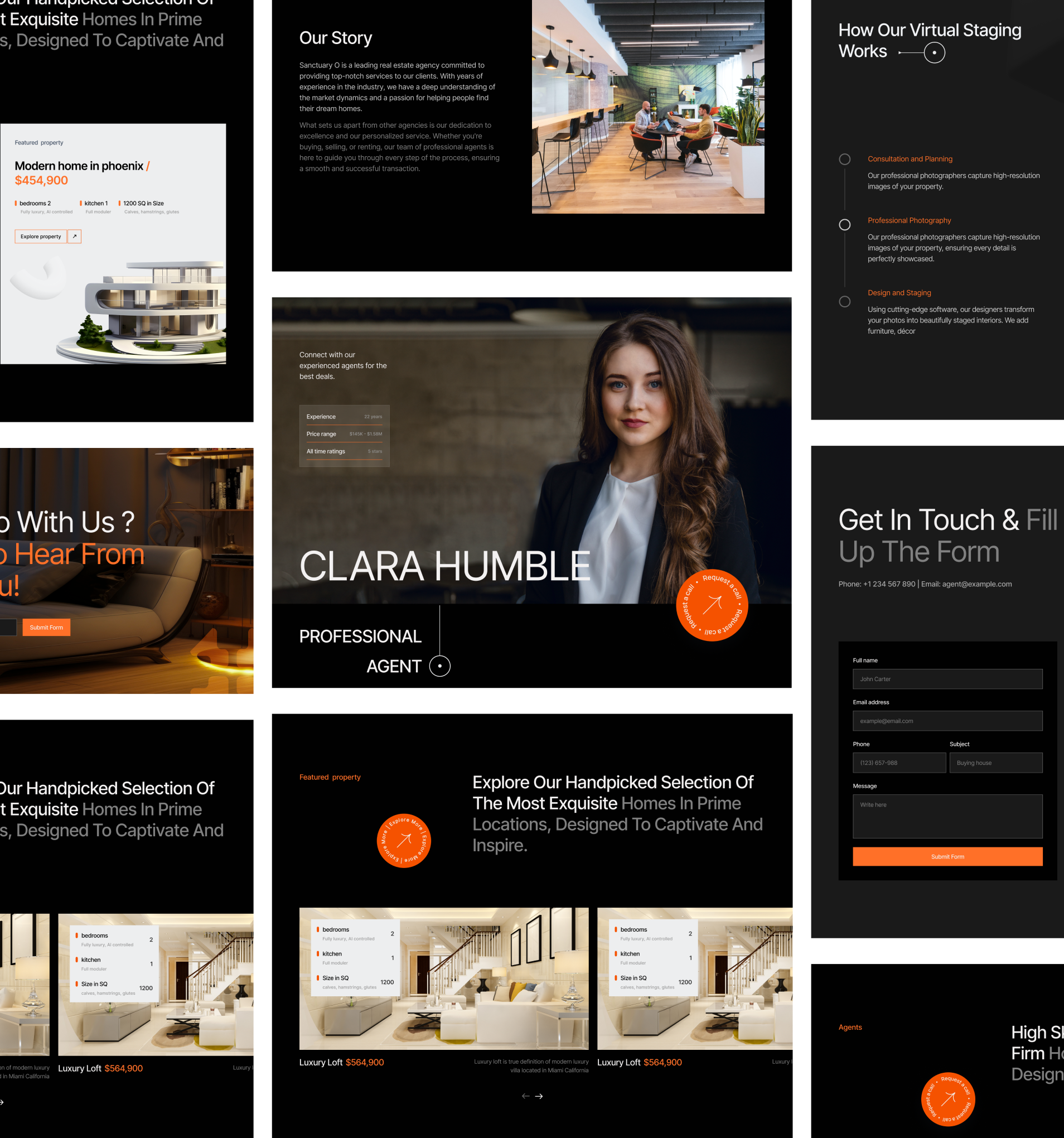Website design showcasing luxury real estate with property listings, agent profile, and contact form.