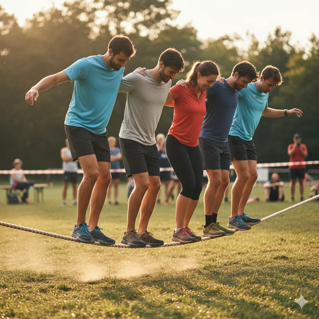 5 Menschen balancieren gemeinsam auf einem Seil 