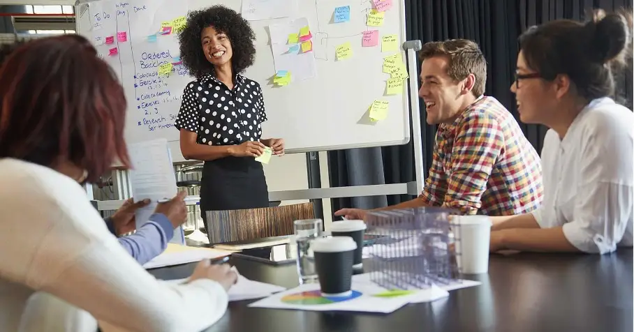 Team arbeitet agil an Whiteboard mit Post-Its