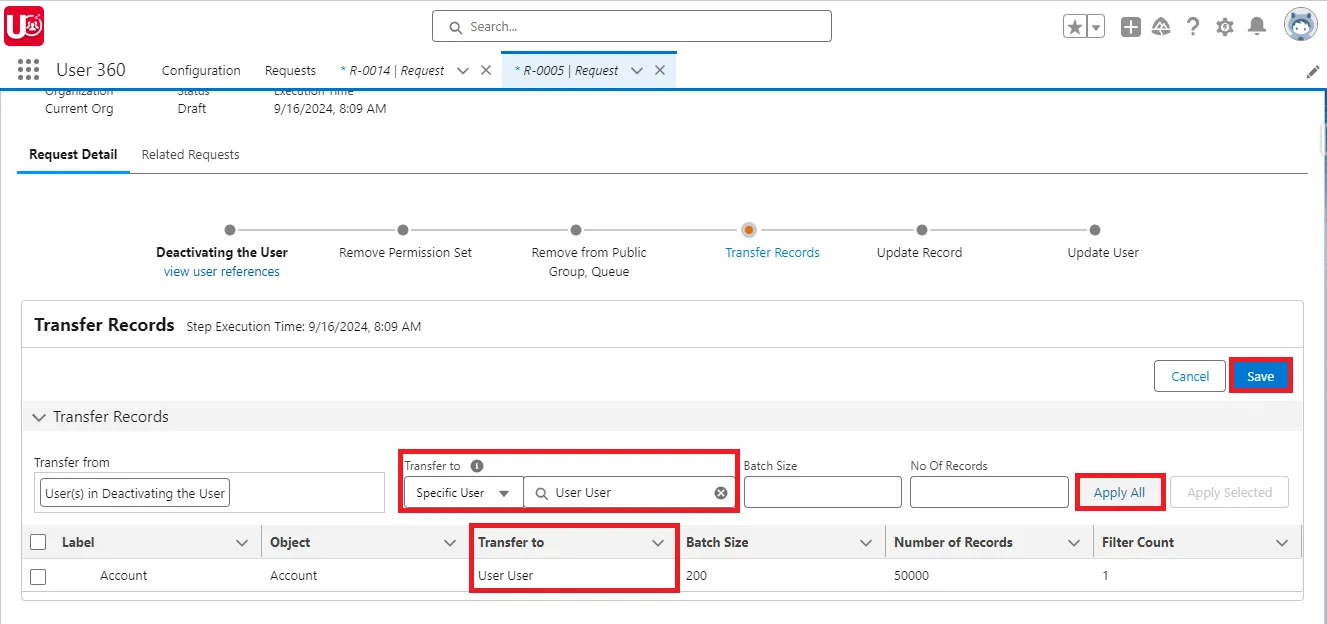Setup Transfer Records action