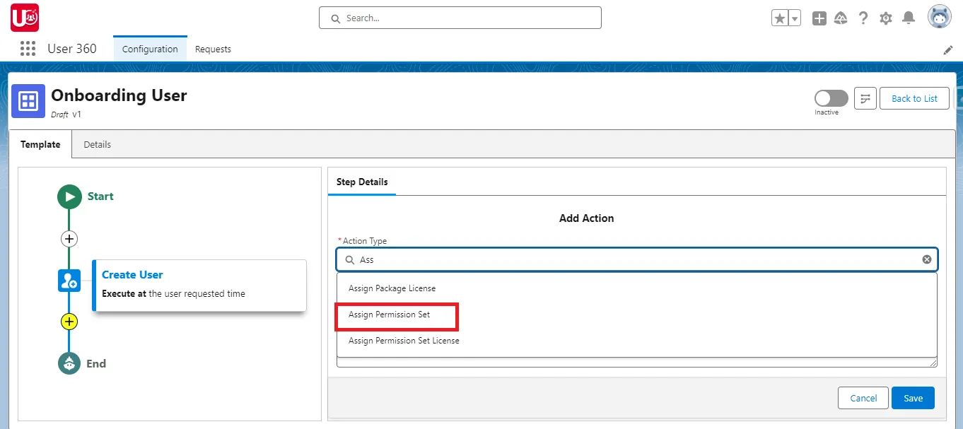 Add Permission Set as sub action