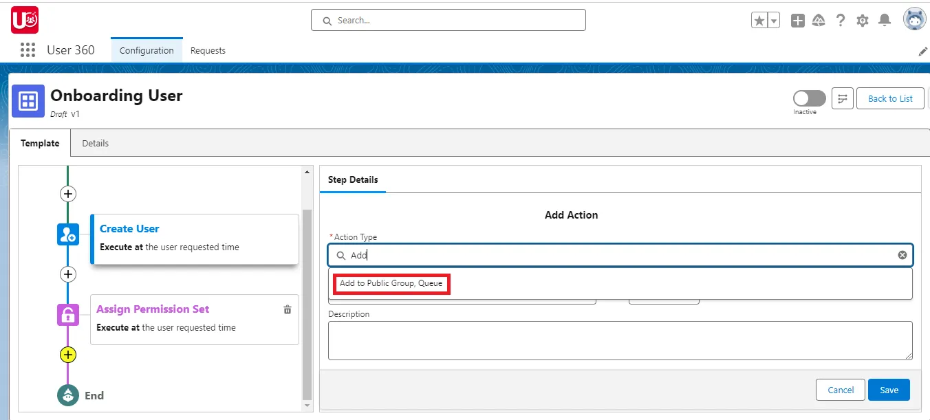Add Public Group as sub action