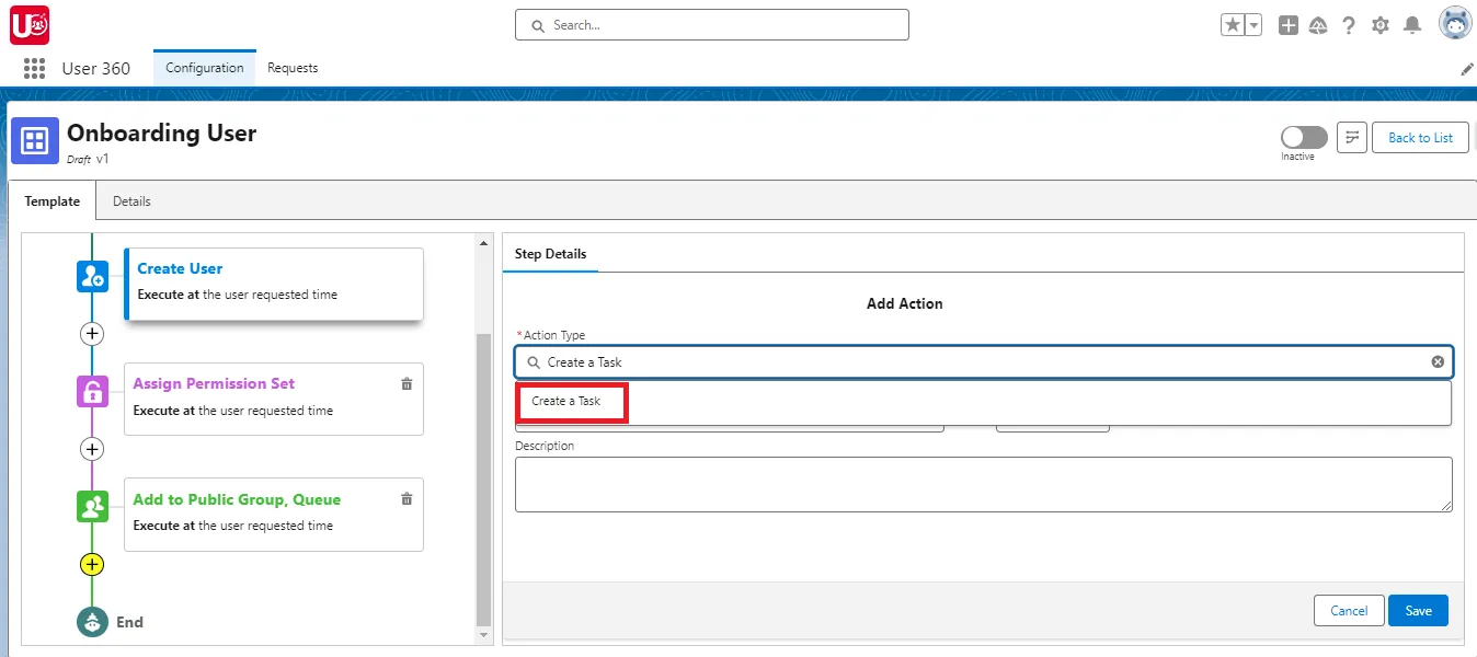 Add Create Task as sub action