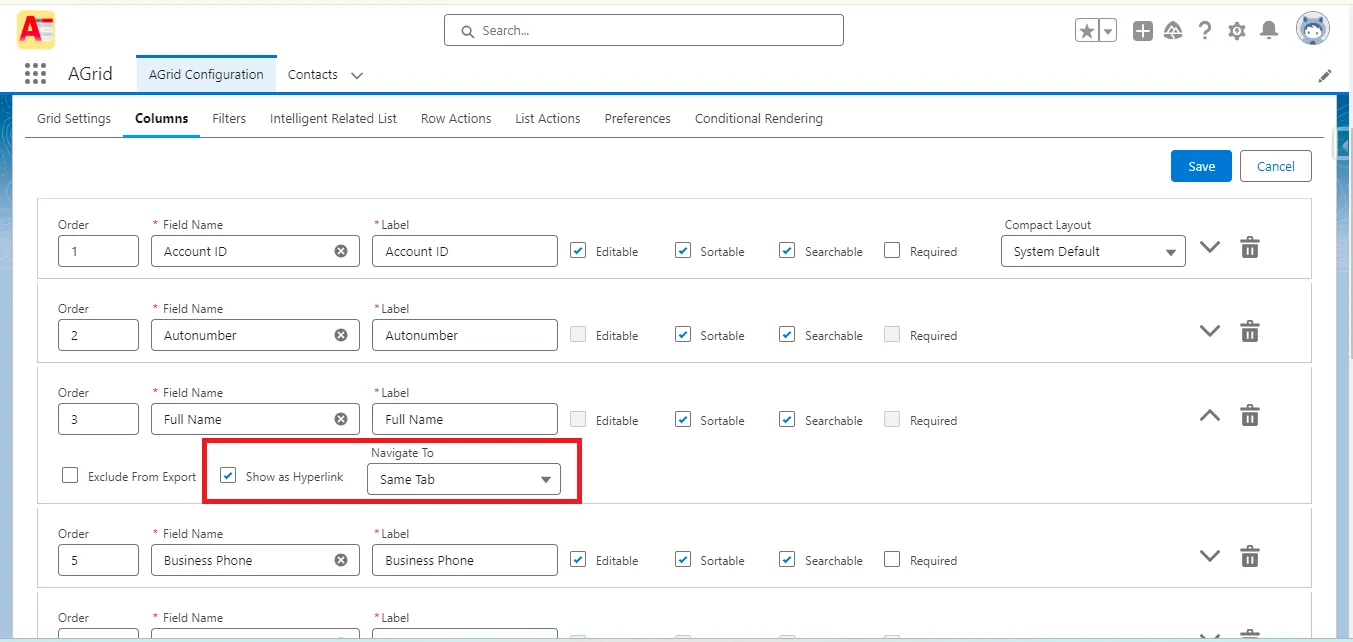 Enable-Diasable Hyperlinks to records in AGrid Configuration