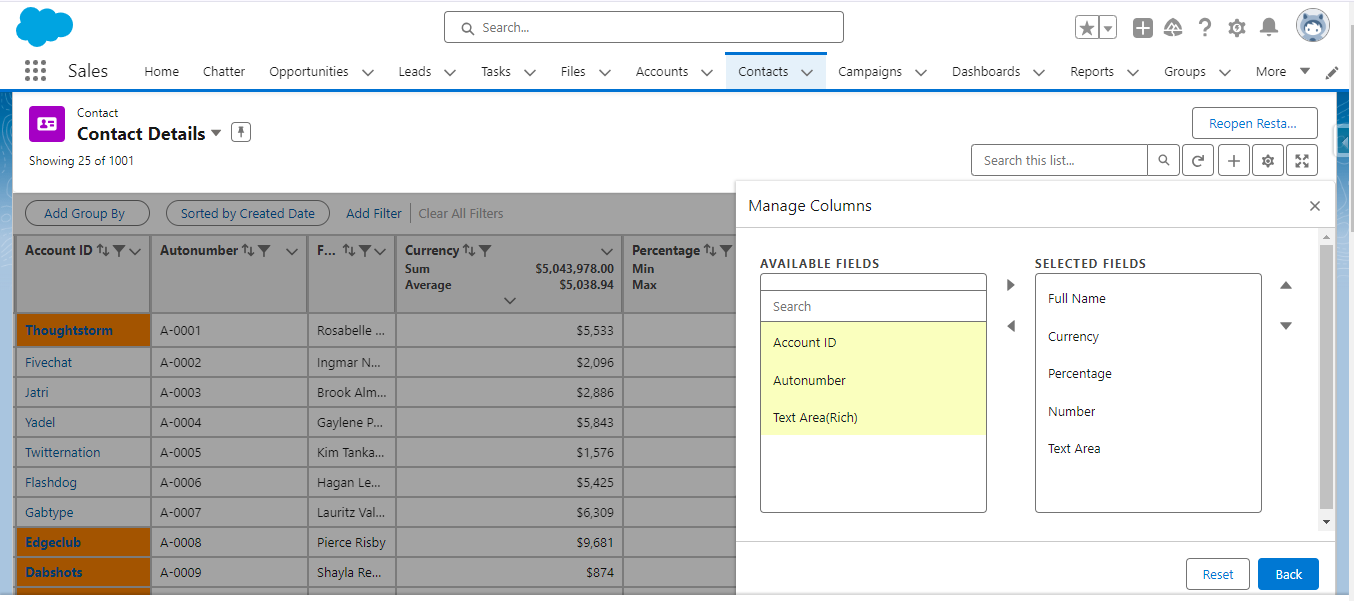 Manage Columns Option in Preferences
