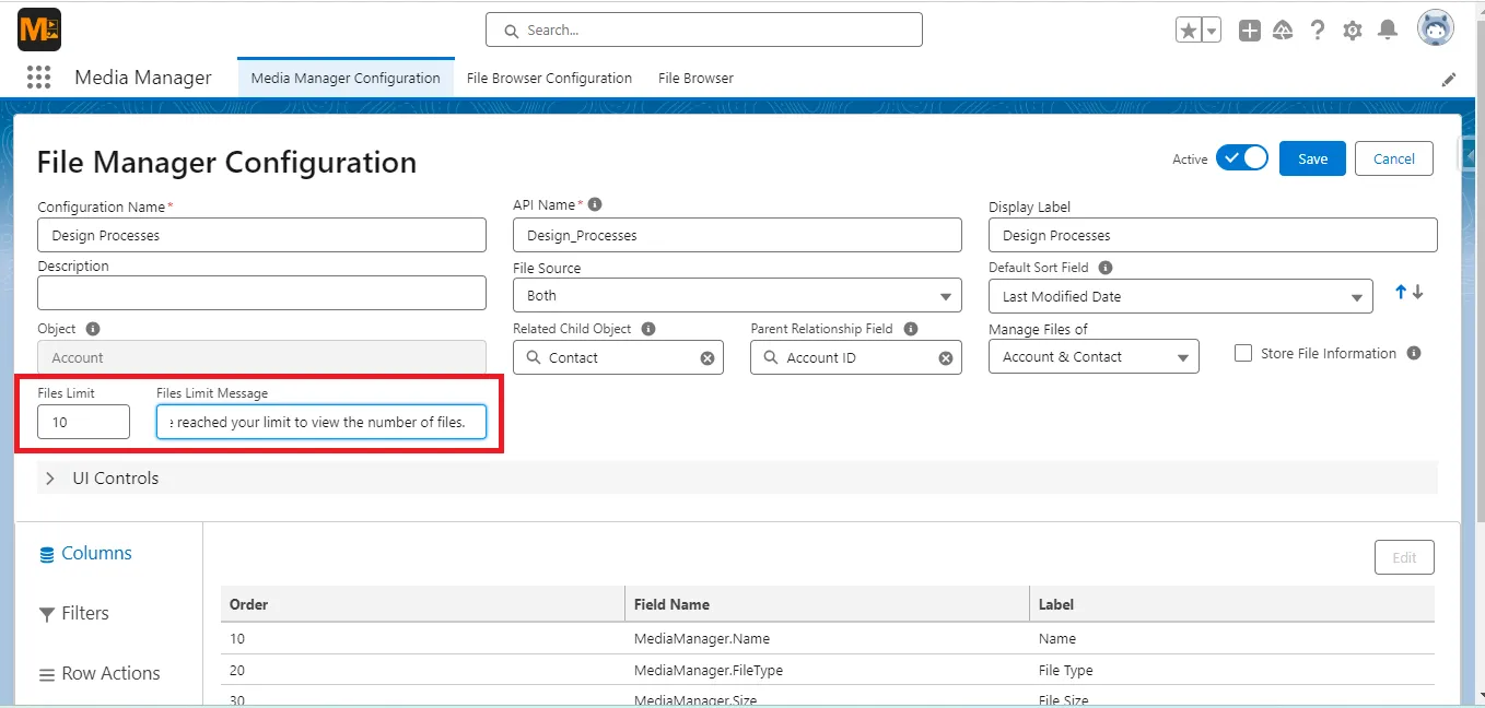 Setting up File Limits and its message in configurations