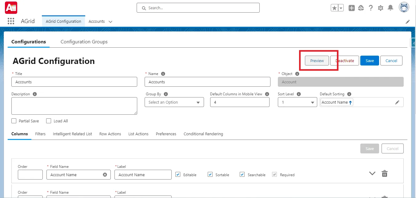 Preview Button on the Configuration Page