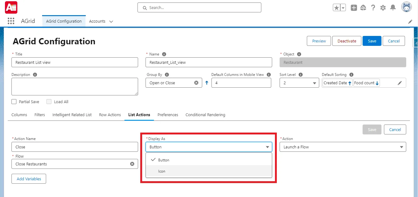 Selecting the Action to view as Icon