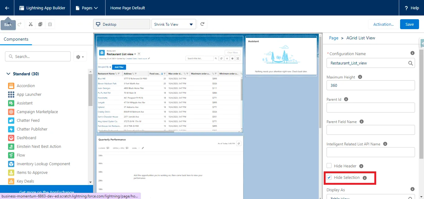 Where to check "Hide Seelction" before view.
