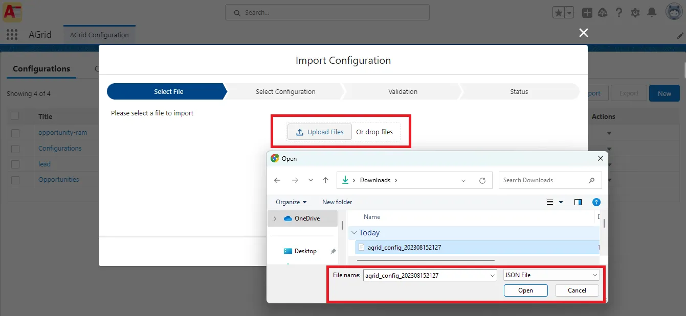 Select the file to Import AGrid configurations