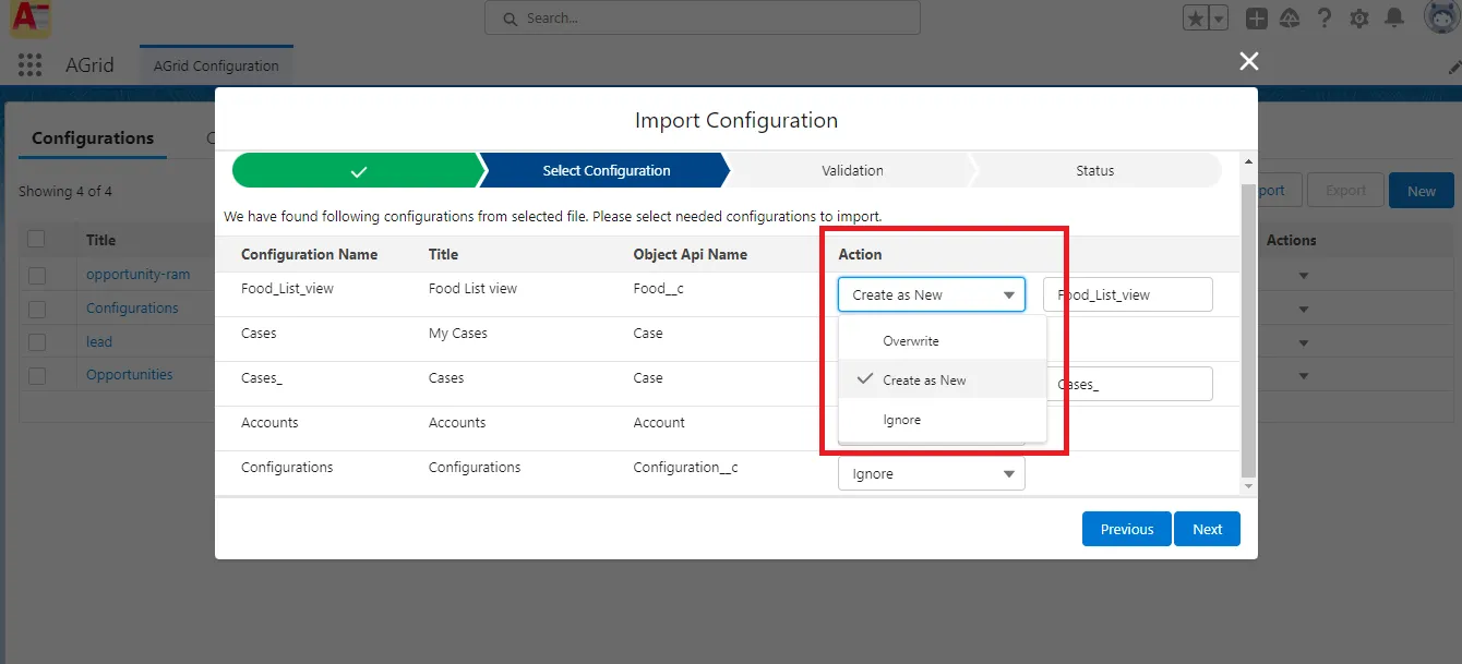 Select the configurations from the file to import