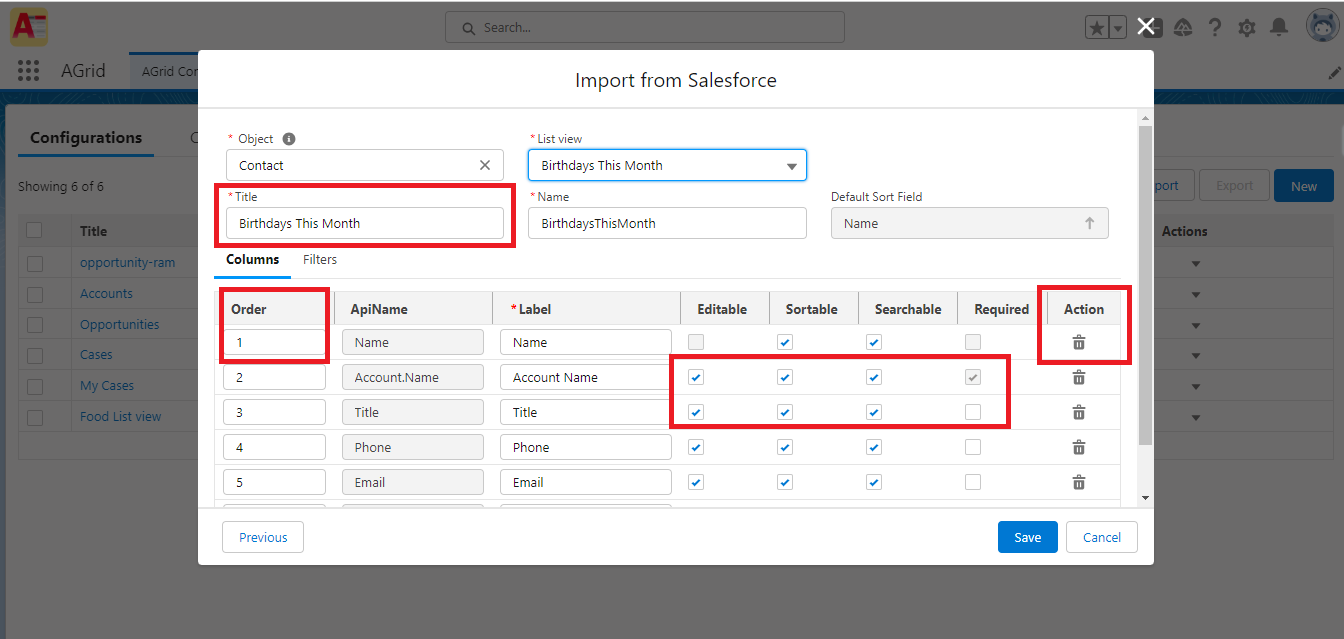Agrid Import List View - Validate Columns