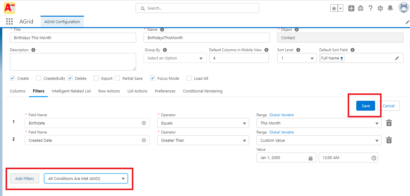 Agrid Import List View - Setup Filters
