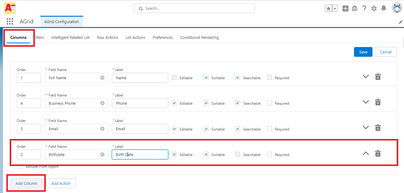 Agrid Import List View - Setup Columns