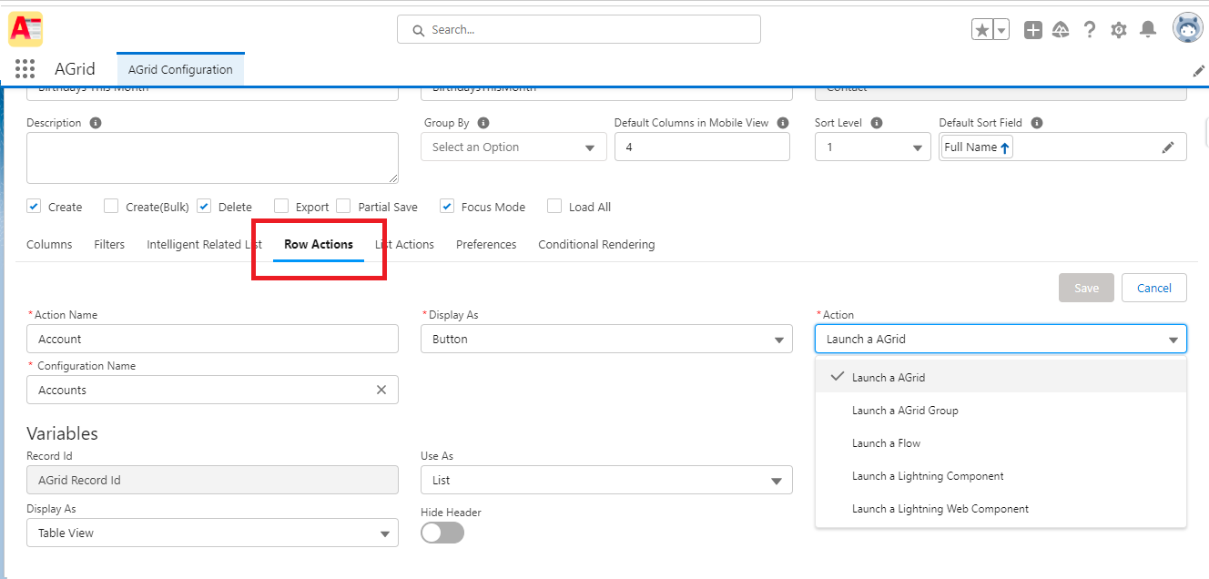 AGrid Import List View - Row Actions