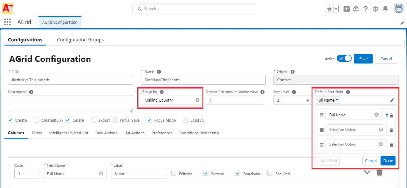 AGrid Import List View - GroupBy and Sort