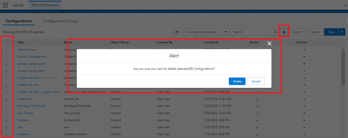 AGrid - Configuration for Bulk Delete