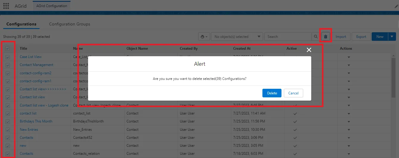 AGrid - Configuration for Bulk Delete
