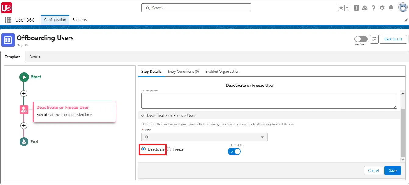 Setup Action to Deactivate a user