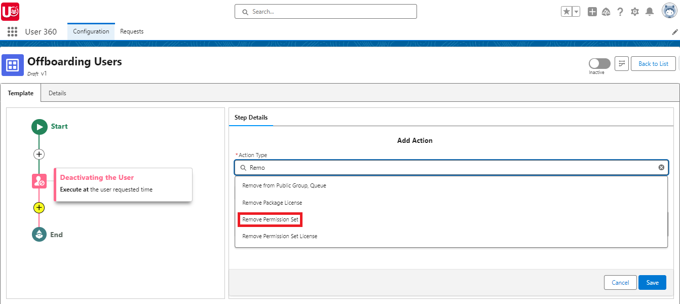 Setup Remove Permission Set as sub action