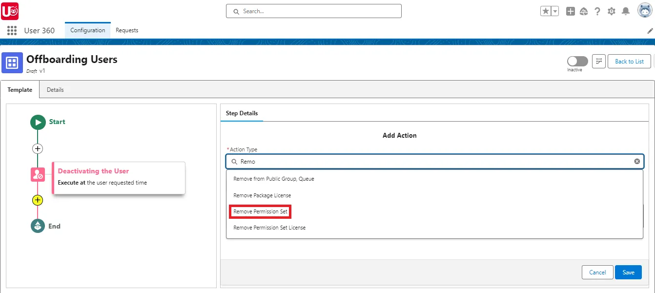 Setup Remove Permission Set as sub action