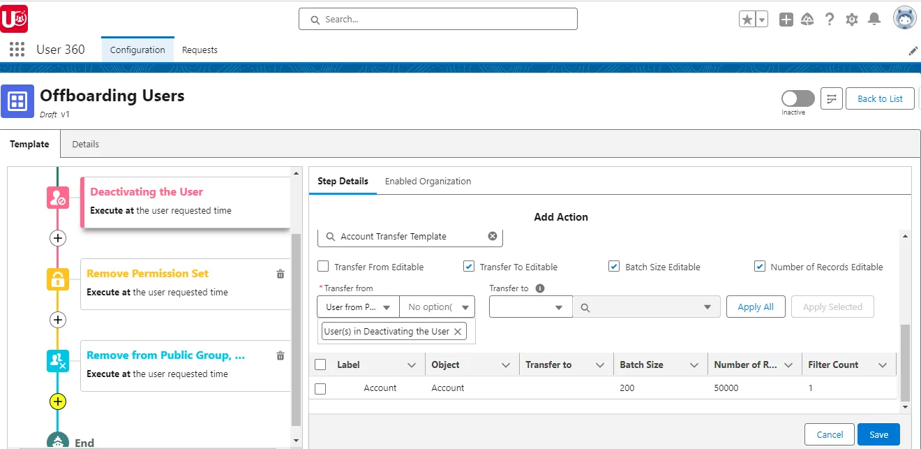 Setup filters for transfer records action