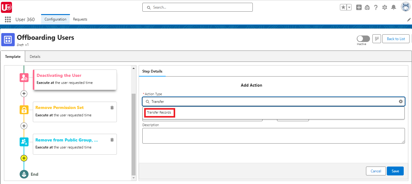 Add Transfer Records as sub action