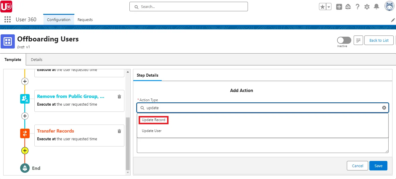 Add Update Record as sub action