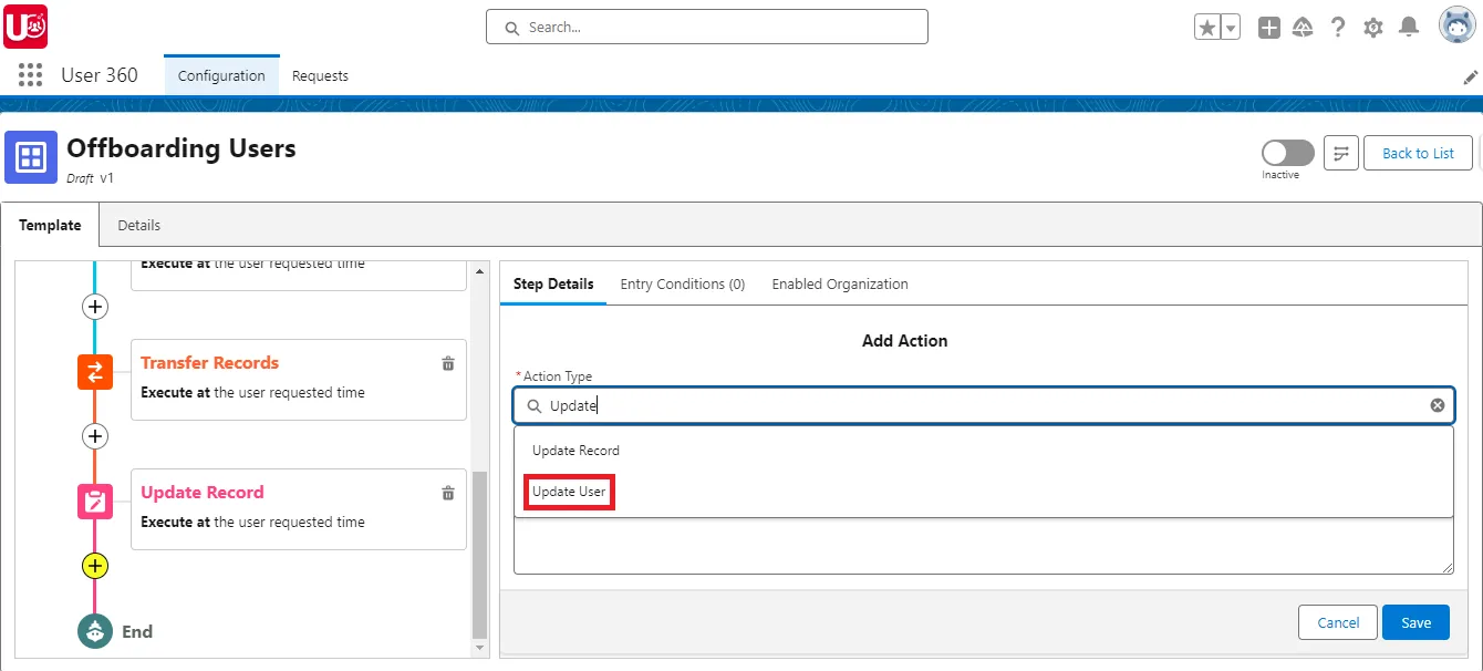 Add Update User as sub action