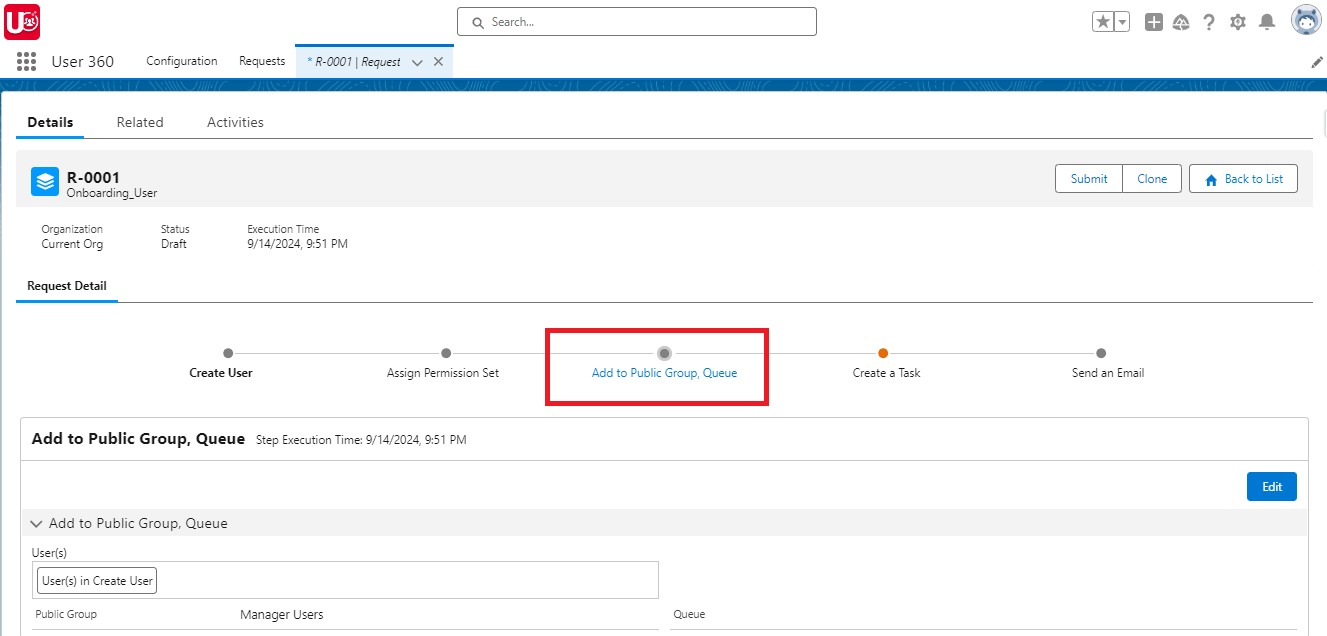 Setup Public Group action for a Single Request