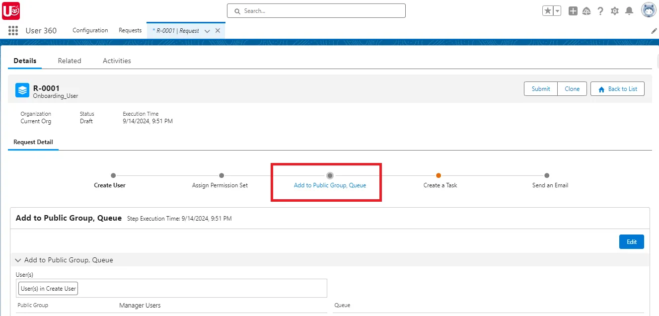Setup Public Group action for a Single Request