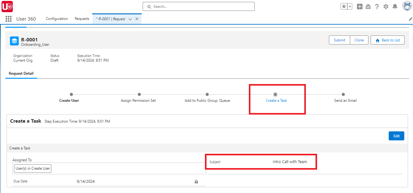 Setup Create Task action for a Single Request