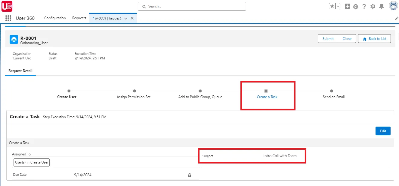 Setup Create Task action for a Single Request