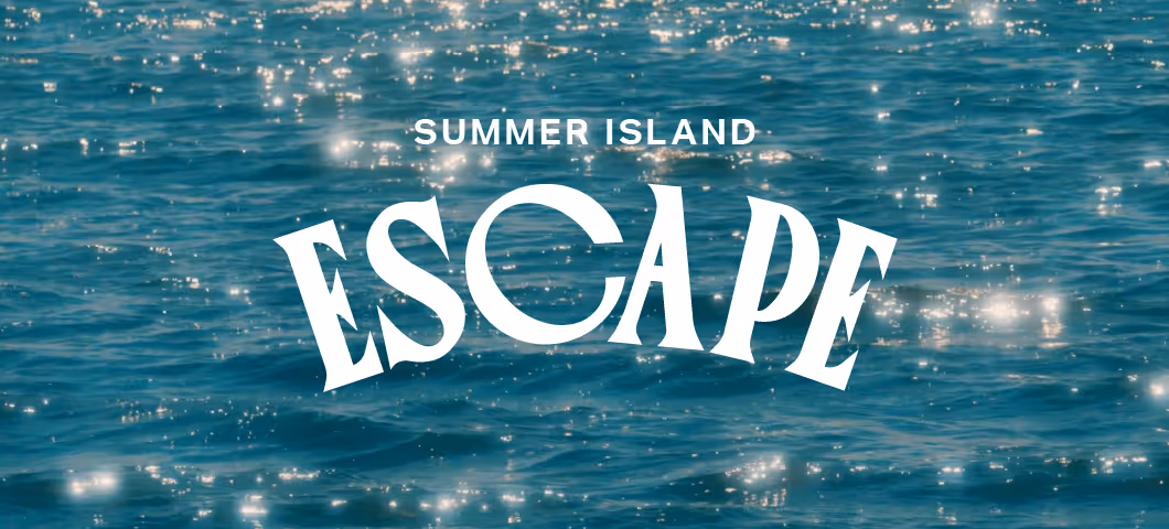 Text 'Summer Island Escape' overlaid on a sparkling ocean water background.