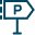 Blue parking sign with white letter P and a downward arrow below it.