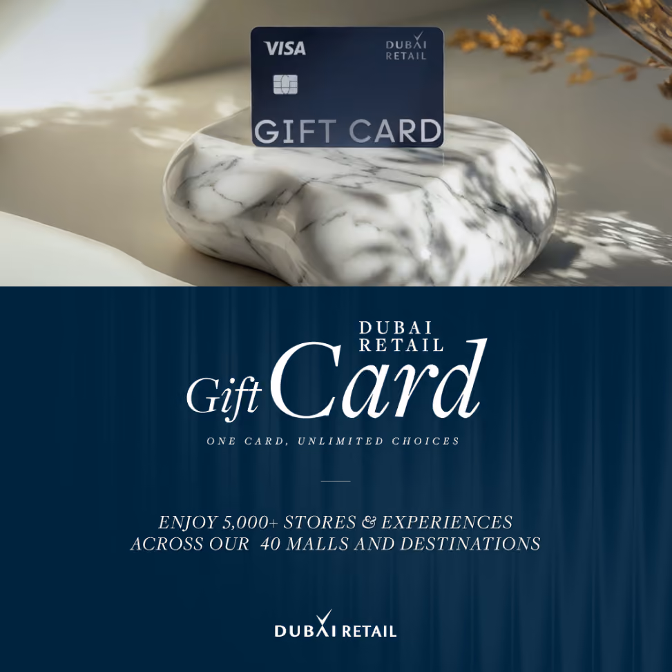 Dubai Retail Visa Gift Card on marble stone with text about 5,000+ stores across 40 malls.