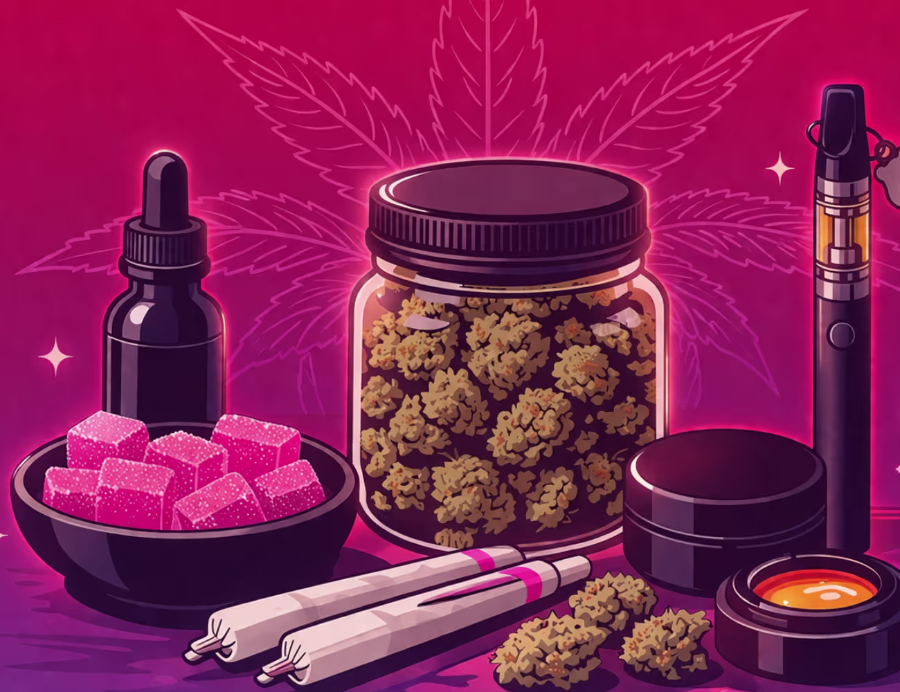 Illustrated cannabis setup featuring flower in a glass jar, pre-rolls, pink gummies, tincture dropper, vape pen, and concentrate on a wooden surface in soft pink tones.
