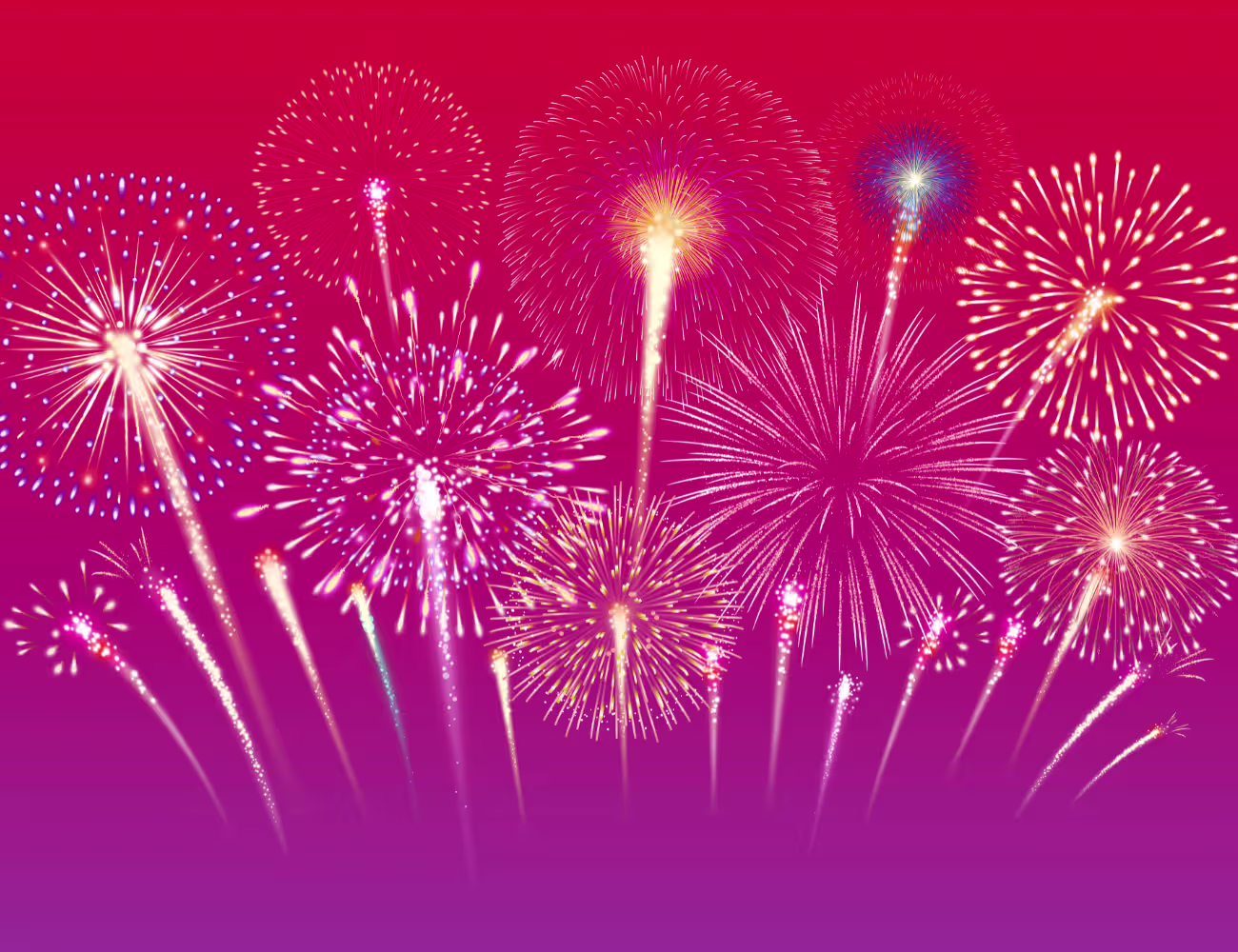 Colorful fireworks bursting across a vibrant pink and purple gradient sky, featuring multiple sparkling displays in shades of gold, white, blue, and pink, creating a festive Fourth of July celebration scene.