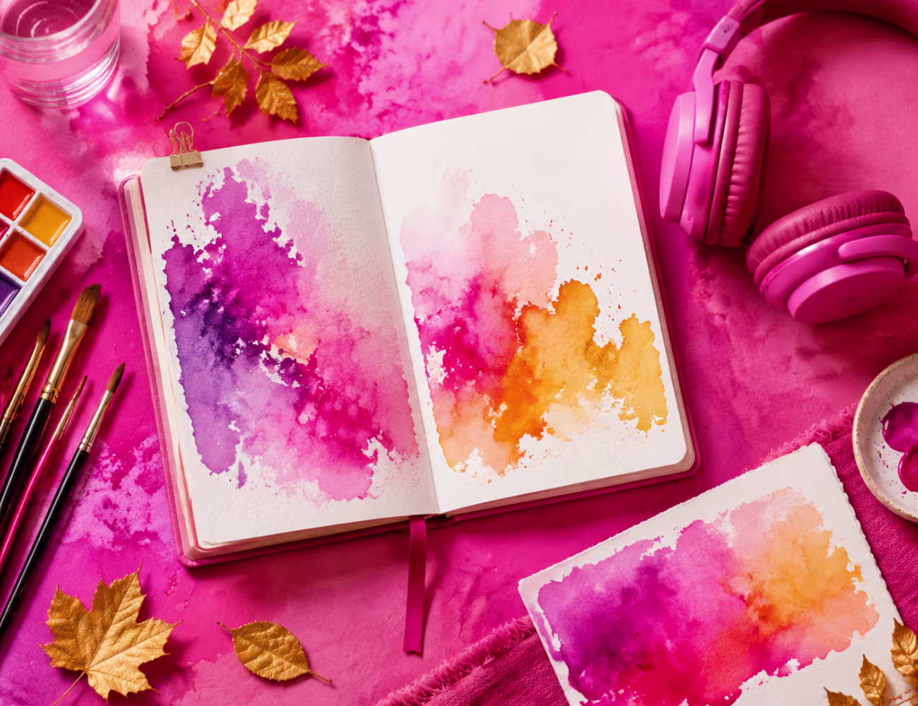 Colorful September art scene with paintbrushes, watercolor paper, a journal, and headphones arranged on a vivid pink and neon-magenta background.