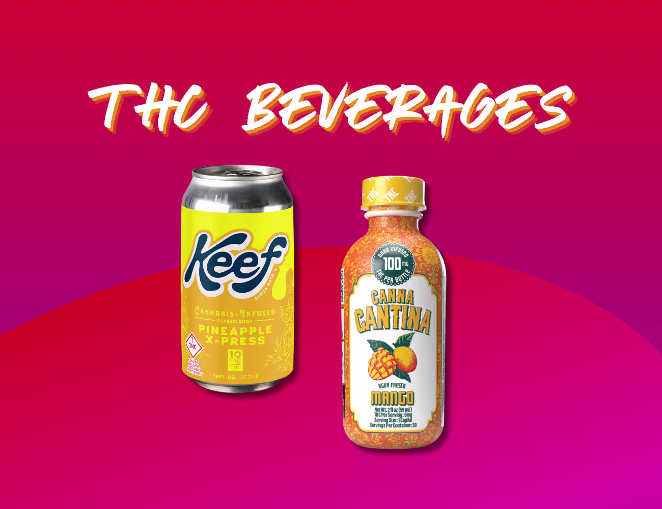 Graphic with the heading "THC Beverages" above a Keef cannabis-infused soda can and a Canna Cantina Mango agua fresca THC shot bottle on a vibrant pink and magenta gradient background.
