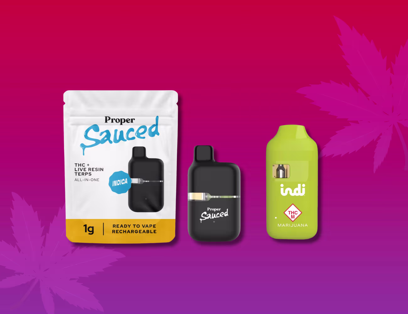 Comparison graphic featuring a Proper Cannabis Sauced 1g all-in-one vape and an Indi disposable vape against a pink-to-purple gradient background with cannabis leaf accents.