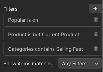 screenshot of webflow ui displaying filters for conditional visibility