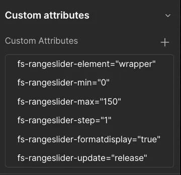 screenshot of webflow ui displaying custom attributes for the price range slider