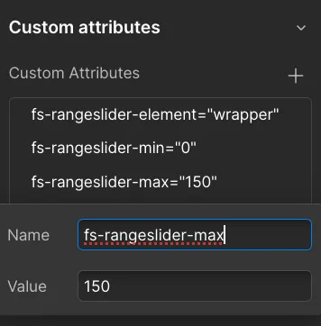 screenshot of webflow ui displaying custom attributes for the price range slider