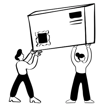 black and white illustration of two people holding up a parcel