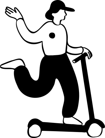 black and white illustration of a person riding a scooter
