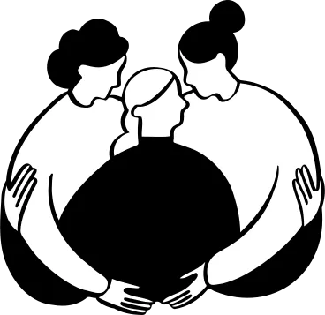black and white illustration of three people in a group hug