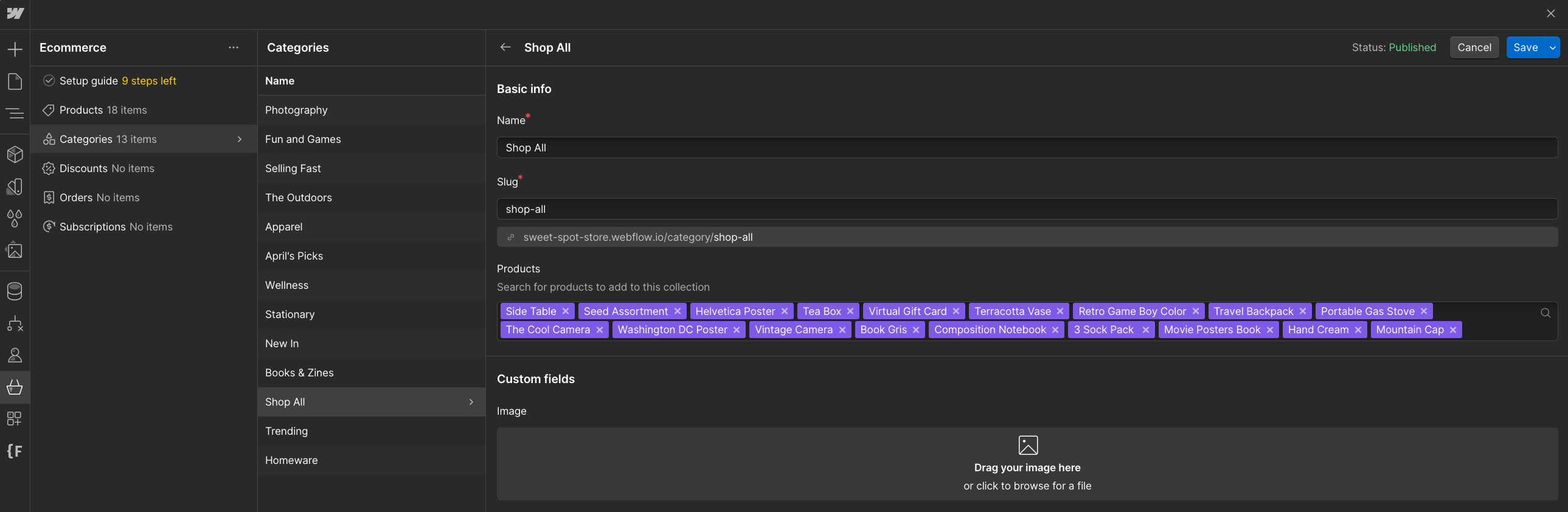 screenshot of webflow ui displaying the 'shop all' category in the ecommerce settings