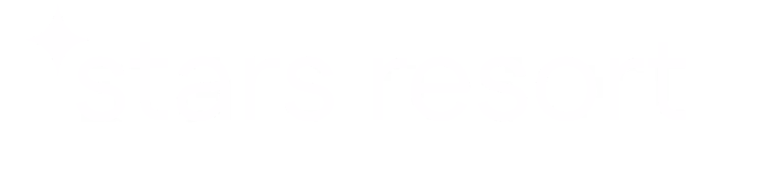 Stars resort teksts ar zvaigžņu ikonu pa kreisi uz melna fona.